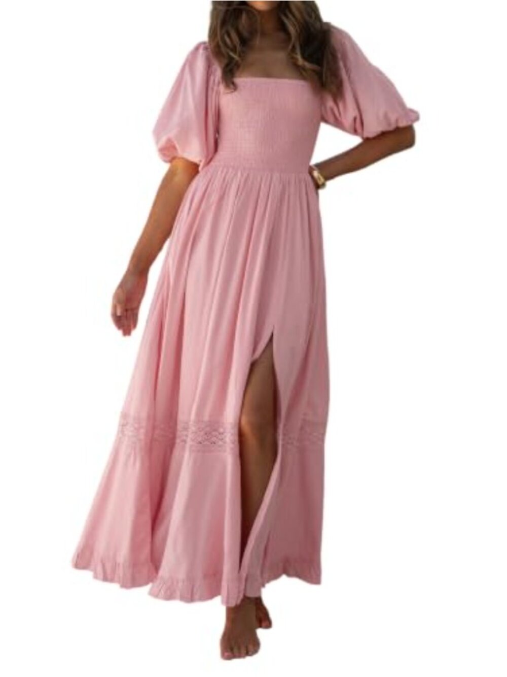 Boho Maxi Dress with Pockets Puff Sleeve Square Neck Smocked Casual Summer